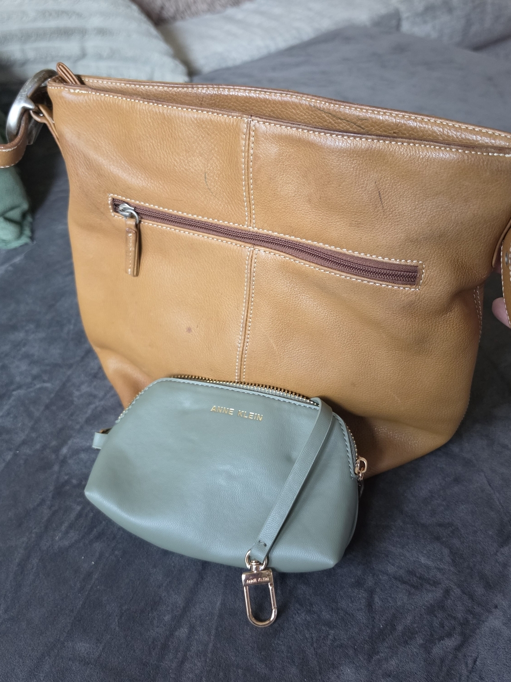 Tignanello Tan Shoulder Tote with Green Pouch